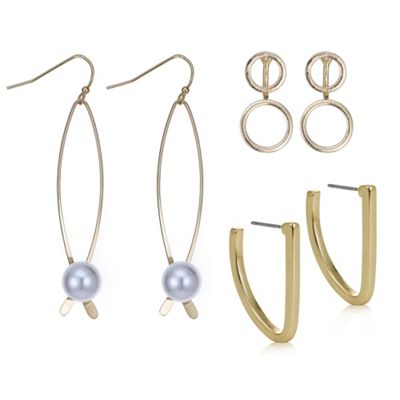 Gold pearl and hoop drop earring set